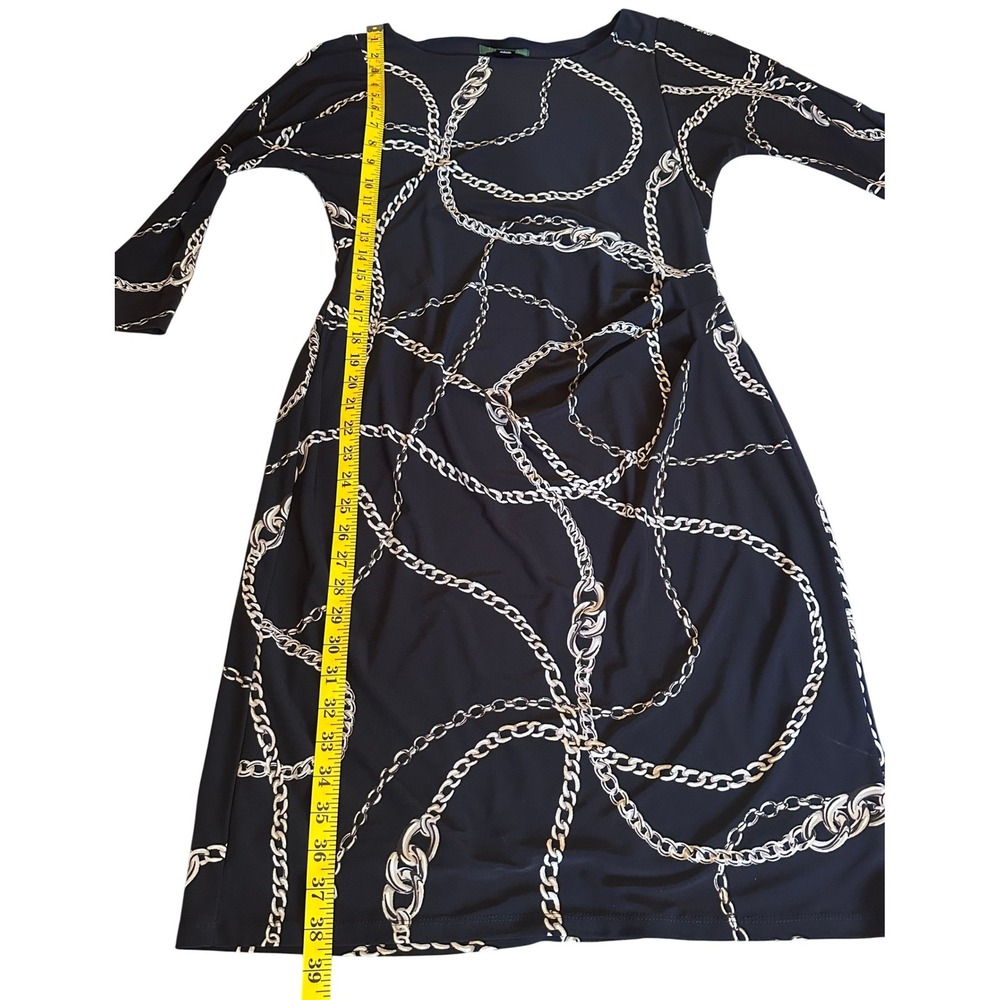 Lauren Ralph Lauren Navy Chain Link Print Ruched Sheath Dress Size 12 Boat Neck - Picture 5 of 10